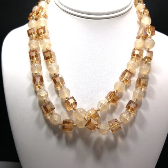 Square Crystal Light Topaz Crackle Glass Beaded Long Necklace, 40" Hand-knotted - Picture 5 of 10